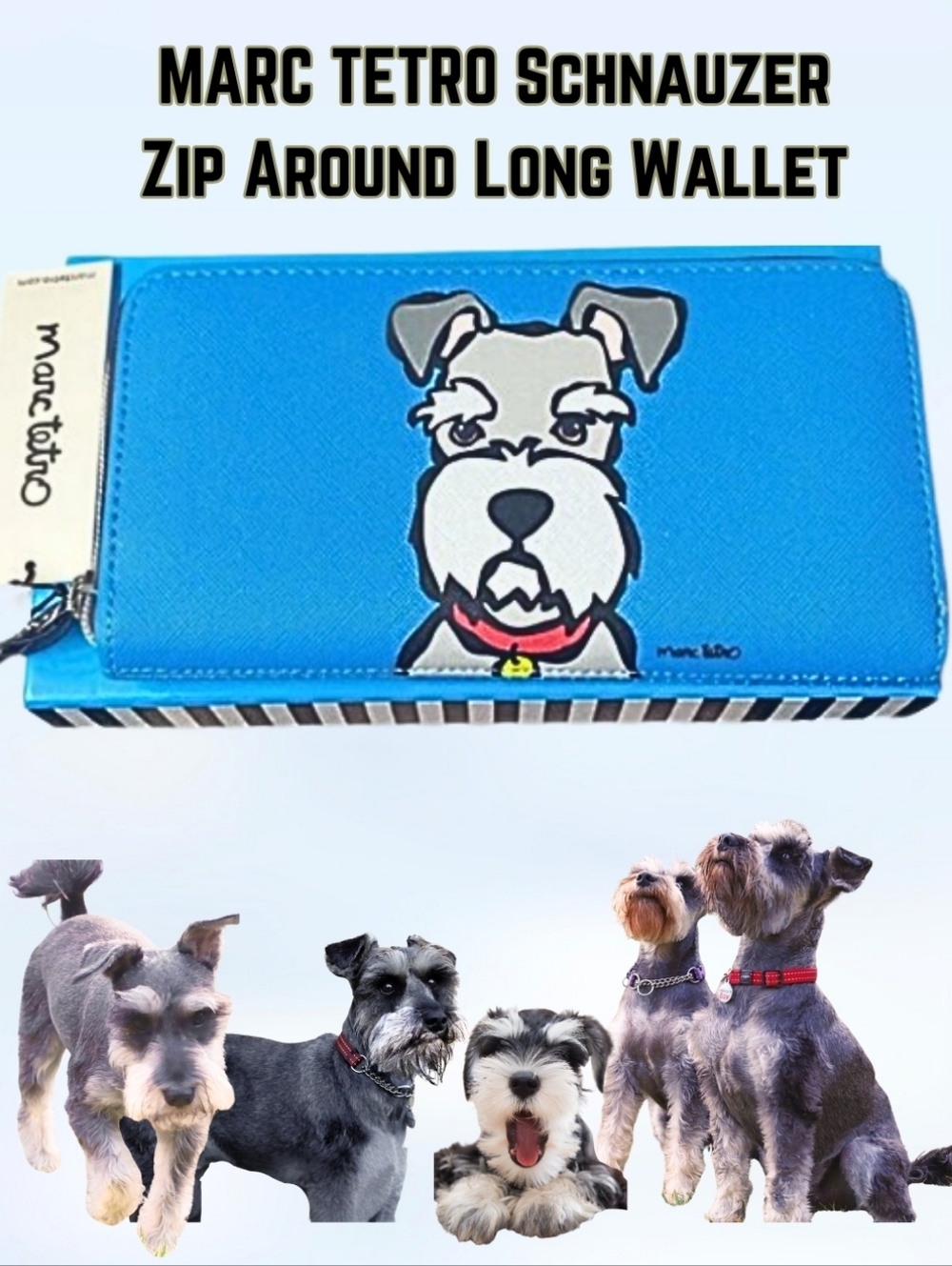 Marc Tetro Blue Schnauzer Dog Zip Wallet New In Box